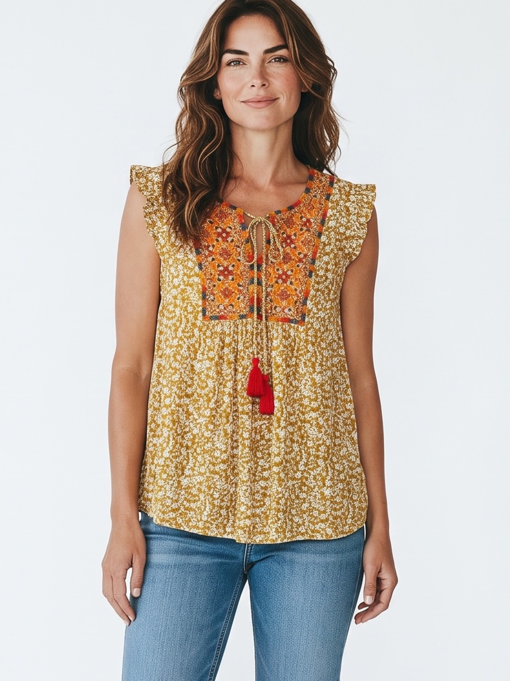 Savanna Jane Embroidered Ruffle Cap Boho Peasant Sleeve Top Size Large